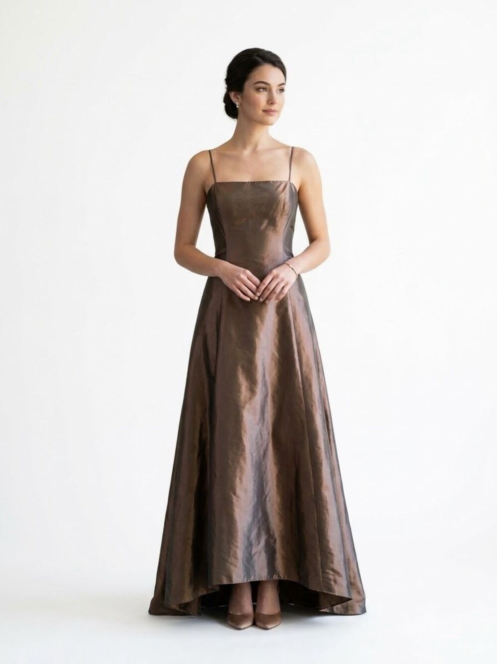 Vtg Laundry by Shelli Segal Bronze Brown Taffeta Spaghetti Strap Maxi Dress Sz 2